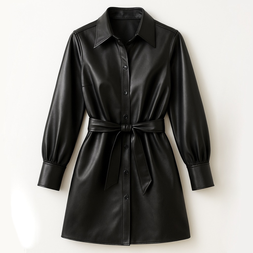 Zara Black Faux Leather Midi Dress | Smocked Bodice + A-Line Skirt | Edgy Chic